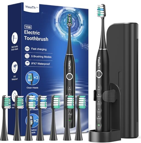 YTEATH PRO Elektrische Zahnbürste, Schallzahnbürste für Erwachsene und Kinder Electric Toothbrush mit 8 Bürstenköpfen und Timer, 5 Putzmodi, Reiseetui, 120 Tagen Akkulaufzeit, 50,000vpm, Black