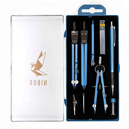 Premium Zirkelset von NIBOR in schönen Farben | Langlebiges, 9-teiliges Geometrieset | Geeignet um Präzision zu erschaffen | Blau