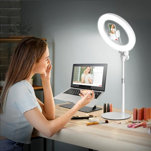 Evershop Ringlicht mit Stativ Ringleuchte Streaming Videokonferenz Licht Tisch, 10.5” LED Ring Light mit Handy Stativ 3 Lichtfarben+10 Helligkeiten 360°Drehbar Lichtring Beleuchtung Tiktok YouTube