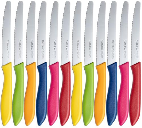 Brotmesser Set 12 teilig,Ruffulon Brötchenmesser Set mit Wellenschliff,Küchenmesser aus Edelstahl,23 cm,Scharfe Brot Messer Set,Ergonomischem Griff,Bunte Messerset,Spülmaschinenfest