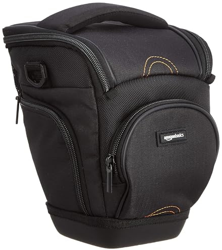 Amazon Basics Holster SLR Schultertasche für Kamera-Körper und Objektiv, Abnehmbarer Gurt, wasserdicht, stoßfest, gepolstert, Einfarbig, Zubehörtasche - Schwarz