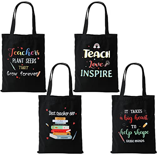 Hillban 4 Stück Leinwand Lehrertasche Lehrer Wertschätzung Geschenke mit inneren Lehrern Geschenke für Frauen Lustige Lehrer Tragetasche, Schwarz, Large