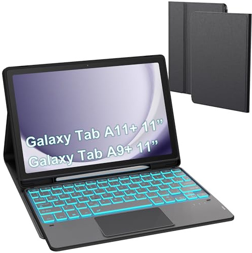 Für Galaxy Tab A9+/A11+ Hülle mit Tastatur - 7 Farben Beleuchtung Abnehmbare Trackpad Tablet Cover - Beleuchtete Deutsches QWERTZ Layout Tastatur mit Stifthalter für Samsung Tab A9 Plus/A11 Plus 11