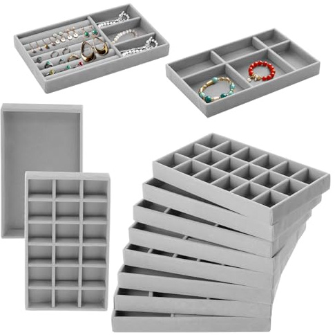 Rainmae 12 Stück Schmucktablett,Samt Schmuckeinsatz für Schubladen,Stapelbar Schmuck Organizer,Schmuckaufbewahrung Schublade für Ohrringe Ring Armband Broschen Halsketten