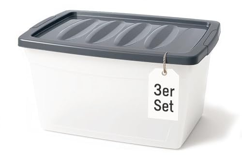 BigDean 3x 60 L Aufbewahrungsbox mit Deckel groß Budget Line Plastikbox mit Deckel