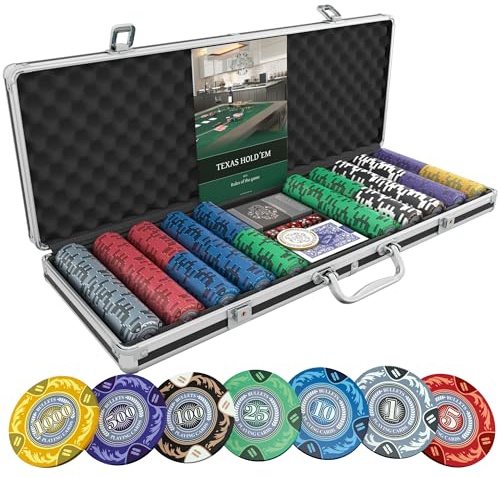 Bullets Playing Cards | Pokerkoffer „Tony“ mit 500 Clay Pokerchips 14g | Pokerset mit Karten, Würfeln, Dealer Button & Pokerregeln