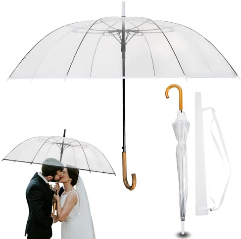 Durchsichtiger Regenschirm Hochzeit mit hochwertigem Echtholzgriff Ø120cm - Eleganter Großer Regenschirm 2 Personen Transparent XXL - Modell CARDIFF (Transparent - Weißer Rand, XL - 120cm)