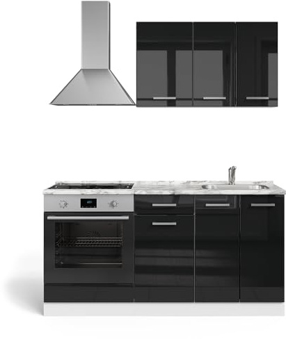 Vicco Singleküche R-Line, Schwarz Hochglanz/Weiß, 160 cm mit Herdumbauschrank ohne Arbeitsplatte, zur Integration von Elektrogeräten und Spüle vorbereitet