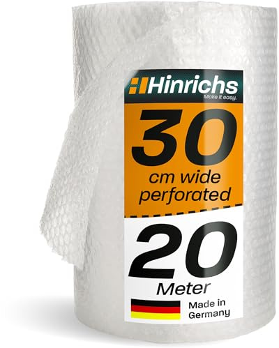 Hinrichs Luftpolsterfolie Rolle 20m x 30cm perforiert - Ideal für Versand, Verpackung und Umzug - 100% recyclingfähig - Bubble Wrap als Verpackungsmaterial - Noppenfolie - Polstermaterial