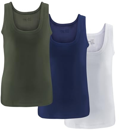 UNDEREA 3er Pack Jungen Unterhemden Tank Tops – Klassisch Feinripp aus 100% gekämmter Baumwolle für Kinder, atmungsaktiv, Größe 11–13 Jahre, M.blau, Weiß, Khaki