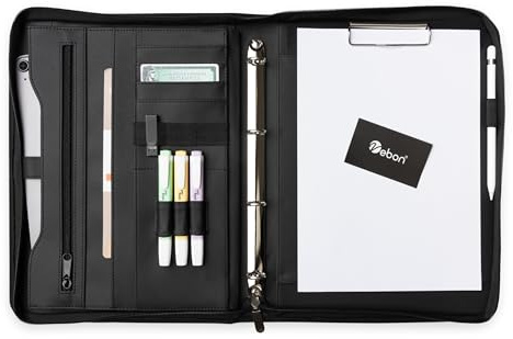 Vebon® Schreibmappe Ringbuch A4 "Berlin" I Reißverschluss + Klemmbrett I Konferenzmappe + Laptoptasche I extra Stauraum I Schwarz I Kunstleder
