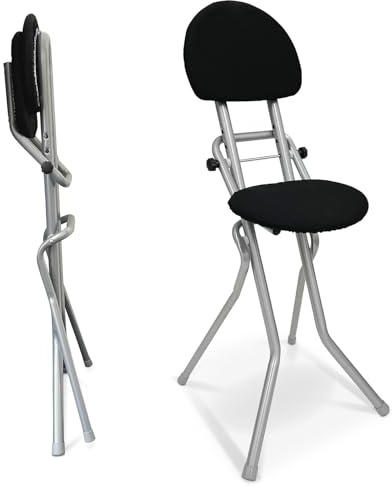 ELONEO Sitzhilfe, Bügelstehhilfe rückenschonend, rutschfest u. platzsparend, 3-Fach höhenverstellbar (58-65 cm), mit Rückenkissen, belastbar bis 120kg, Silber 45 x 98 x 47 cm
