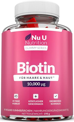 Biotin-Haargummibärchen 10.000 mcg – 90 vegane Gummibärchen – Erdbeergeschmack – Unterstützt normales Haut- und Haarwachstum – Kaubare Haarvitamine – Nu U Nutrition