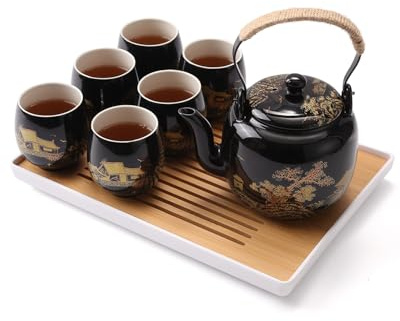 DUJUST Japanisches Teeservice, Schwarzes Porzellan Chinesisches Teeset mit Kanne und Tassen, Schönes Asiatische Teekanne Set für Teeliebhaber (Landschaft in Gold)