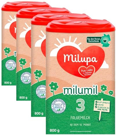 Milupa Milumil 3 – Folgemilch – Baby-Milchpulver – Nach dem 10. Monat – Passender Begleiter bei der Einführung fester Nahrung mit wichtigen Nährstoffen – Ohne Palmöl – 1 x 800 g (Packung mit 4)