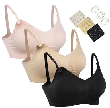 HOFISH Damen Still-BHS nahtlos – 3er Pack Bralettes für Schwangerschaft & Stillzeit, mit BH-Verlängerungen & Clips, volle Abdeckung, Pink/Schwarz/Beige, Größe L
