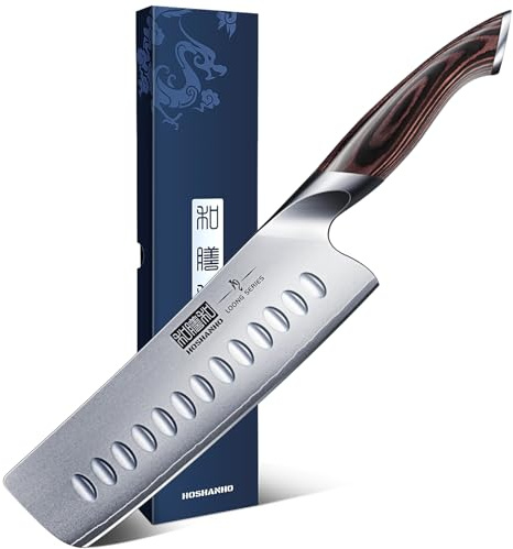 HOSHANHO Küchenmesser Nakiri Kochmesser 18 cm Edelstahl Scharfe Messer mit hohem Kohlenstoffgehalt Hackmesser, Mehrzweck Fleisch Gemüsemesser mit Pakkaholzgriff