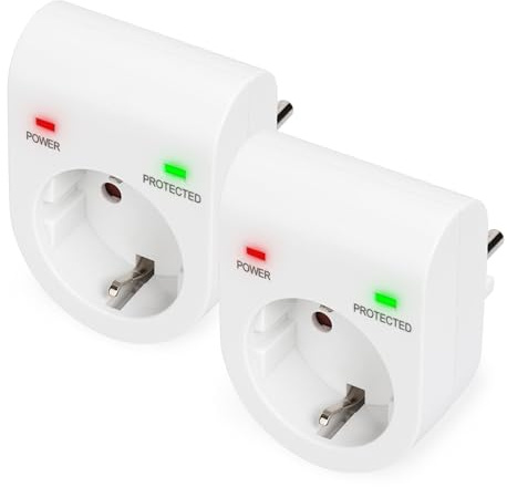 DIGITUS DN-95400 – Überspannungs-Schutzadapter – 2 Stück – 16 A / 230 V / 50 Hz – Max. 3.500 W – LED Status-Anzeige – Ableitstrom Max. 13.500 A – Weiß