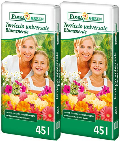 2 x 45L Floragard FloraGreen Blumenerde mit Guano, Universalerde, Pflanzerde, Topferde, Kübelpflanzenerde, Gartenerde, Gärtnererde, mit Start und Langzeitdünger