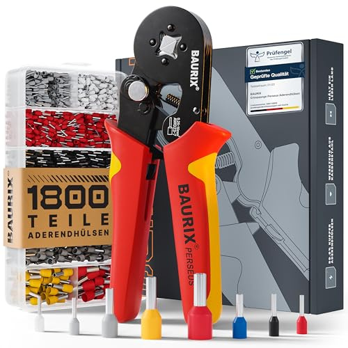 BAURIX® Crimpzange Set mit 1800 Aderendhülsen Set I Aderendhülsenzange selbsteinstellend [Für 0,25-10mm²] I Krimpzange, Crimpzangen, Crimp Zange, Presszange - Modell: PERSEUS (4-Kant)