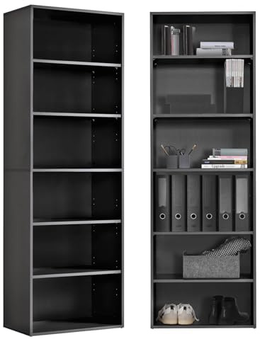 mokebo® Bücherregal Schwarz, Grau BZW. Anthrazit aus Holz 'Der Bücherwurm', Schuhregal, Holzregal, Aktenregal, Standregal fürs Wohnzimmer, Büro, Kinderzimmer, Regal groß für die Wand, 60cm Breite