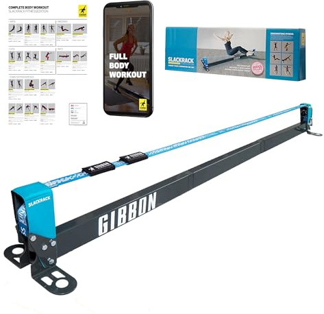 Gibbon Slacklines Slackrack Fitness Edition, grau/blau, Aufbaulängen: 2 oder 3 Meter, mit 2 Handgriffen, Stretchband und Übungsposter, Höhe: 30 cm, Breite: 2 Inch 5 cm