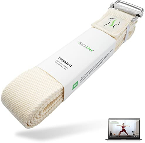 BACKLAxx Yogagurt aus 100% Baumwolle für Anfänger und Fortgeschrittene (natürlich) – Dehnband mit Metallverschluss [250 x 3,8 cm] – Yoga-Gurte Stretching Bänder für Yoga Straps