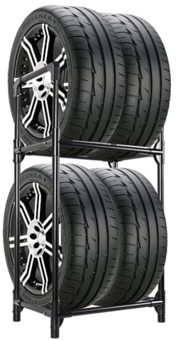 Hershii Reifenständer 2 Ebenen Reifenregal für 4 Reifen aus Metall für Garage Keller Werkstatt Lagerhaus,57.2 X 37.3 X 114.6cm (Black)