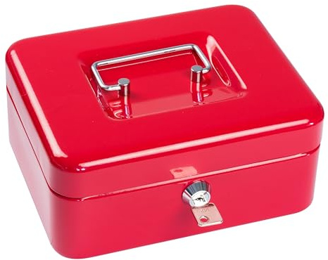 SAX abschließbare Geldkassette 20x16x9 cm, Münzeinsatz, ROT, Robuste Stahlblech-Kassette mit 5-Fächer Münzeinsatz – Herausnehmbar, Sicherheitsschloss inkl. 2 Schlüssel