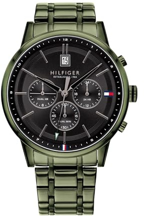 Tommy Hilfiger Herren-Multifunktions-Quarzuhr - 3-Zeiger-Werk, Grünes Edelstahlarmband, Schwarzes Sonnenstrahl-Zifferblatt, Wasserbeständig bis 5ATM - 1791634