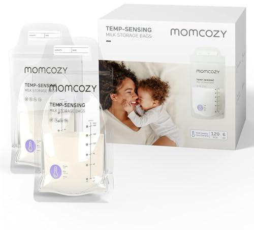 Momcozy Muttermilch-Aufbewahrungsbeutel, 120 Stück Temperaturfühlende Verfärbung, Einweg-Milch-Aufbewahrungstasche Mit 180 mL, Selbststehend, Auslaufsicher