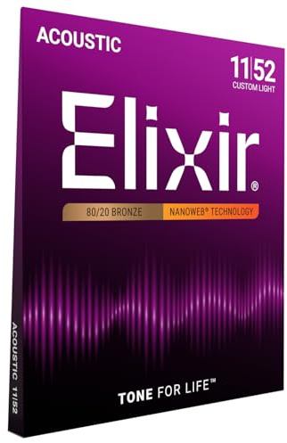 Elixir® 11027 Saiten 80/20 Bronze Akustik-Gitarrensaiten mit NANOWEB® Beschichtung, Custom Light (.011-.052)