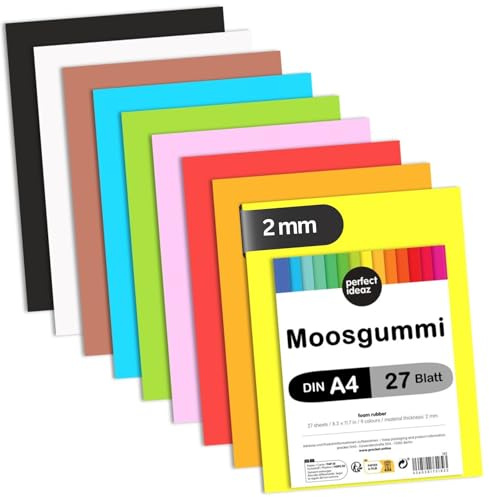 perfect ideaz - Moosgummi DIN-A4, 27 Blatt, 9 Farben, 29,7 x 21 cm (2 mm dick), farbiges Bastelmaterial für Kinder, Top Qualität