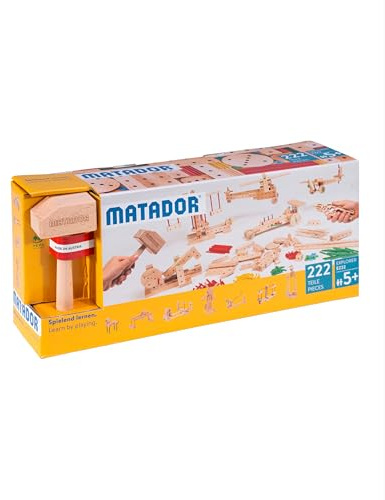 Matador Kinder Baukasten ab 5 Jahren 318-tlg. - Spannendes Holz Konstruktionsspielzeug zur Schulung von Kreativität und Feinmotorik, Bauspielzeug mit Stäbchen, Klötzen, Hammer & Zange