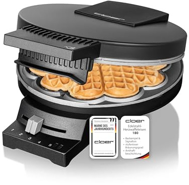 Cloer 180 Waffeleisen für eine Herzwaffel mit 16 cm Durchmesser, Herzwaffeleisen mit Doppelbeschichtung, schweren Backplatten, stufenlosem Bräunungsgrad, Backampel & Signalton, Schwarz, 930 W