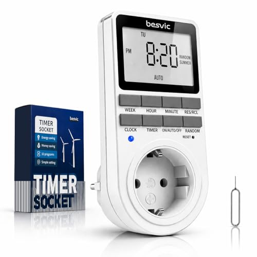 Besvic Digitale Zeitschaltuhr Steckdose 16A 3680W – Intelligente Timer Steckdose mit 10 Programmen, Zufallsmodus & LCD Display, Sicher & Energiesparend für Innen (1 Pack)