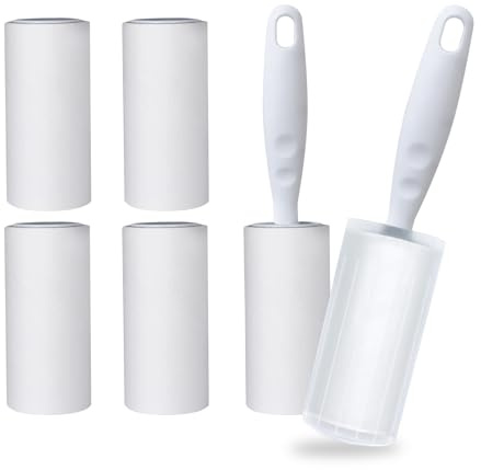 Oiamker Fusselrolle 6 Rollen mit 2 Abroller 1 Staubschutzhülle, Extra Klebrige Fusselrolle Kleidung, Fusselroller für Kleidung, Haare, Katzenhaare, Hundehaare, 60 Blatt/Rollen