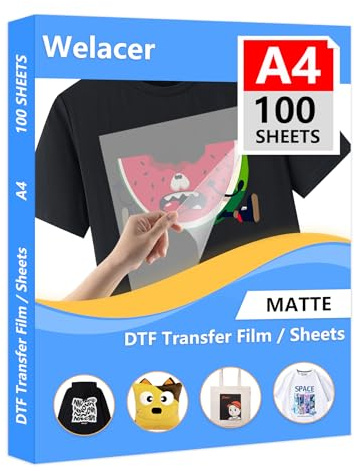 Welacer DTF Transferfolie Papier A4 (21cm x 29.7cm) 100 Blatt DTF Transfer Drucker für T-Shirt, klare DTF PET Transfer Film Papierblätter für dtf printer