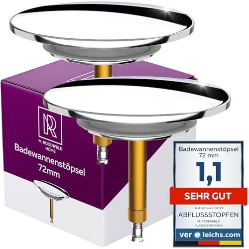 M. ROSENFELD HOME Badewannenstöpsel Universal Ø 72 Premium – Stöpsel Badewanne aus Messing mit doppelter Dichtung – Badewannen Verschluss für alle Badewannen – Chrom, 2er Set