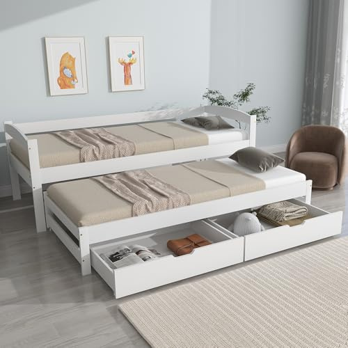 Kinderbett 90x200, Tagesbett mit Ausziehbett und 2 Schubladen, Sofabett Gästebett Schlafsofa Bett mit Lattenrost,Einzelbett/Doppelbett Jugendbett Funktionsbett Bettgestell aus Holz,ohne Matratze,Weiß