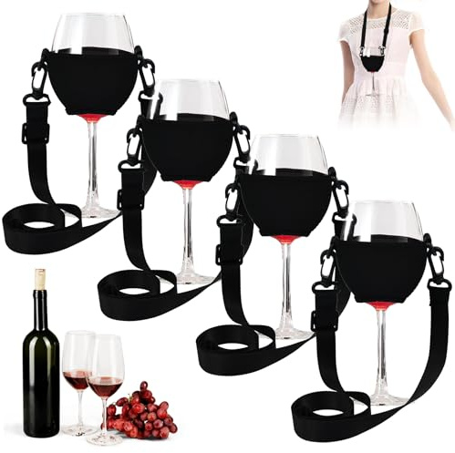 UHETLET 4er-Set Weinglashalter zum Umhängen Tragbare Weinglas Halshalter Weinglas Halterung Becherhalter Festival für Weinproben, Hochzeit, Outdoor-Partys, Schwarz
