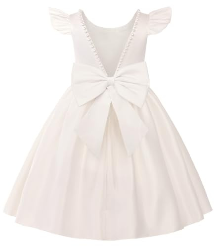 Uhnice Mädchen Blumenmädchen Kleid Satin Perlenbesatz Flatterärmel Knielanges Festliches Kleid mit Abnehmbarer Schleife