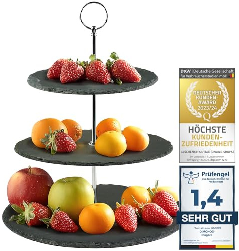 DIMONO® Etagere 3 Etagen Schiefer - 32cm Servierständer für edle Desserts | Perfekte Inszenierung für Ihre Häppchen, antibakterieller echter Naturschiefer, 3-stöckige Kuchenetagere, Ø 30, 22 & 13 cm