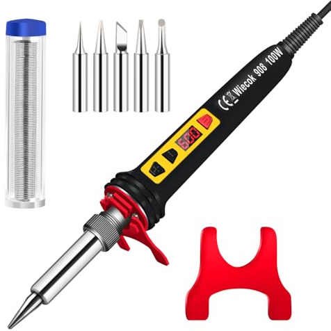 Lötkolben Set 100W LCD, Soldering Iron mit Einstellbar Temperatur 200-600°C Lötkolben mit Ein/Aus Schalter, 15g Lötdraht, 5 Lötspitzen, Lötset für Elektrische Arbeiten-Schwarze