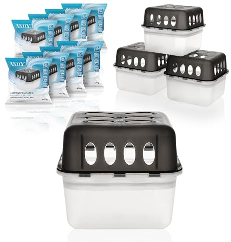 Vaily Luftentfeuchter 4er Set mit 8x 400g Nachfüllbeutel - Raumentfeuchter mit Granulat für Bad, Keller, Wohnung u.v.m bis 40m²