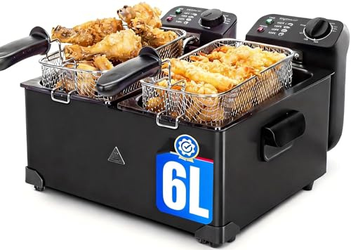 Aigostar Edelstahl Doppel-Fritteuse 3600W mit 2x3L Körben, Kaltzonenfunktion, Thermostat (90-190°C), Sichtfenster, emailliertem Topf, Ölfilter & Automatik-Abschaltung, Schwarz