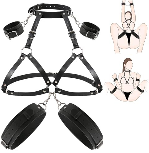 BDSM Bondageset Brustfesseln – Leder Geschirr mit Handschellen Oberschenkelmanschetten, Sexspielzeug für Paare Extrem Sex, Sexy Dessous Damen Harness von Hals bis Oberschenkel, Schwarz