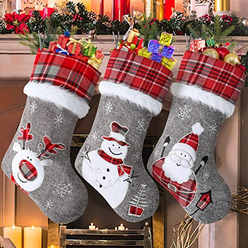 LOMOHOO Weihnachtsstrümpfe 3er Set 18 Zoll große bestickte Weihnachtsstrümpfe mit Weihnachtsmann, Schneemann, Rentier 3D Weihnachtssocken für Kamin Weihnachtsfeiertag Dekorationen,Grau
