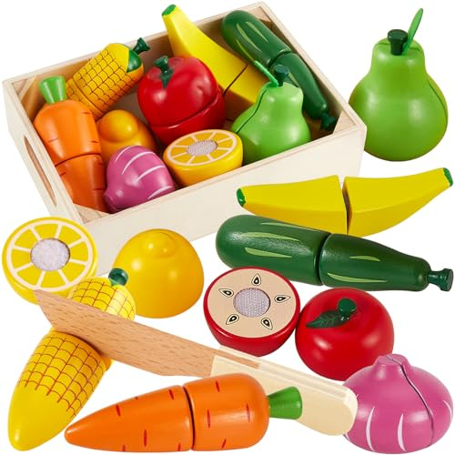 HERSITY Obst Gemüse Schneiden Kinder Holz, Lebensmittel Spielzeug Küche | Holzspielzeug Küchenzubehör mit Aufbewahrungskoffer, Rollenspiele Geschenk für Jungen Mädchen 18 Monate 2 3 4 Jahren