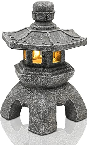 Yeomoo Solar Pagode Deko für Draußen – Solar Laterne Gartenfiguren Zen Garten Japanische Deko für Wohnzimmer Balkon Terrasse Geschenke für Frauen Mama Wasserdicht Solarlampe Garten Grau